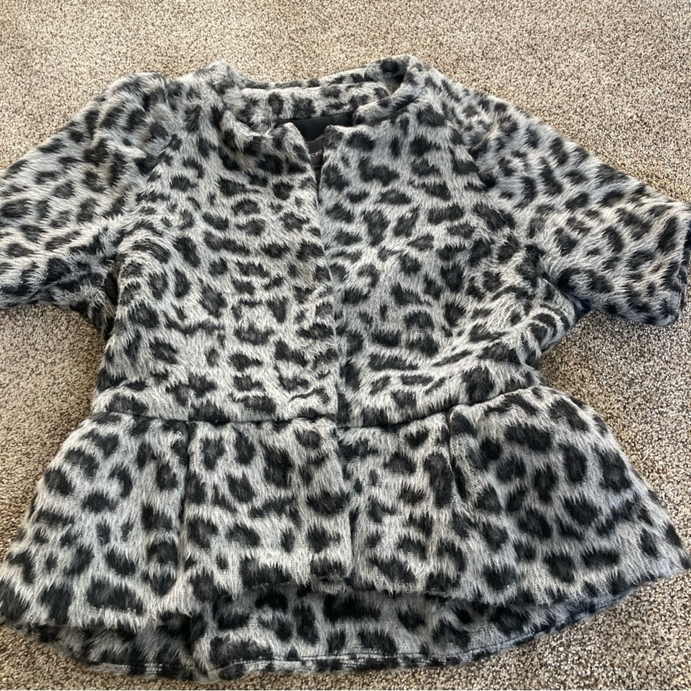BCBG MaxAzria Davie Gray Black Leopard Print Faux Fur Peplum Jacket Women's S
